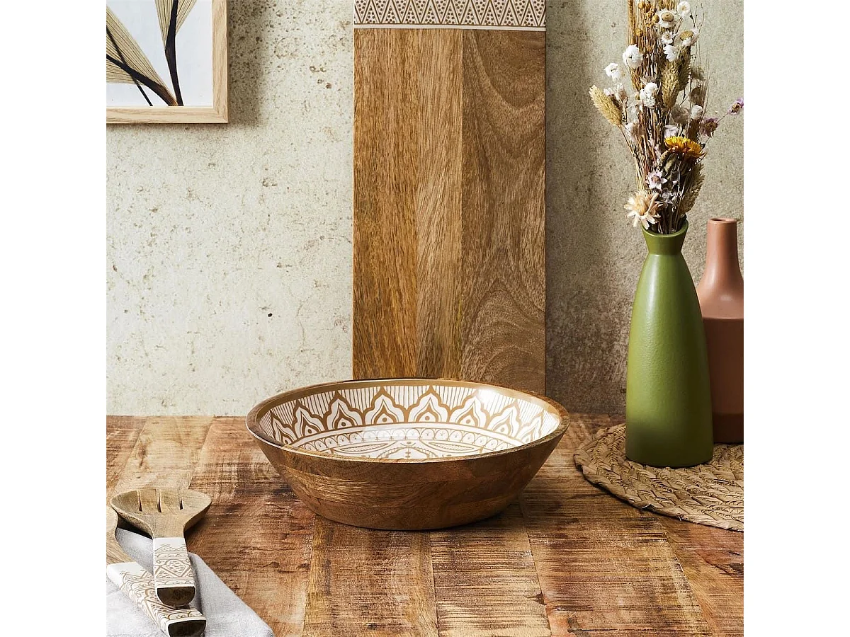 Saladier en bois de manguier avec motif mandala brun (Ø28 cm) - MANGO