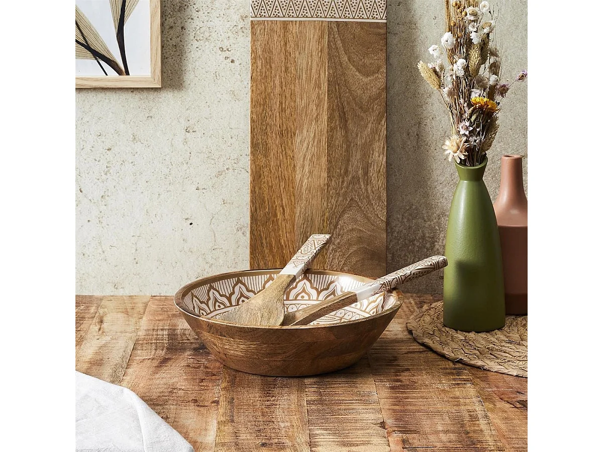 Saladier en bois de manguier avec motif mandala brun (Ø28 cm) - MANGO