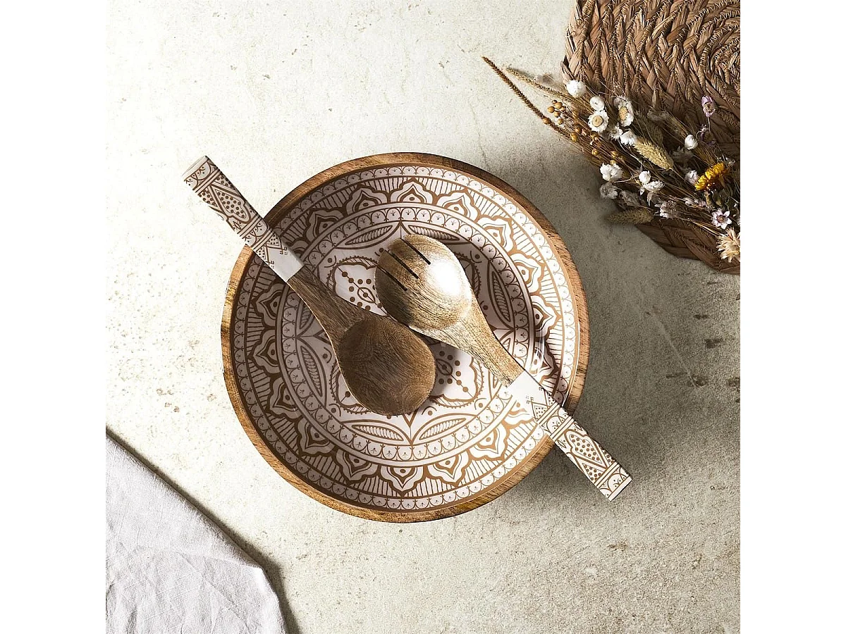 Saladier en bois de manguier avec motif mandala brun (Ø33cm) - MANGO