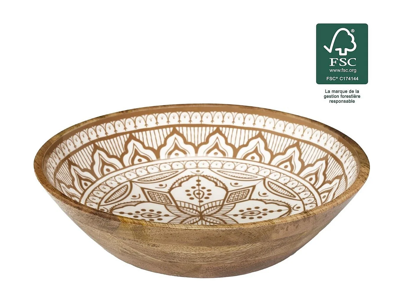 Saladier en bois de manguier avec motif mandala brun (Ø33cm) - MANGO