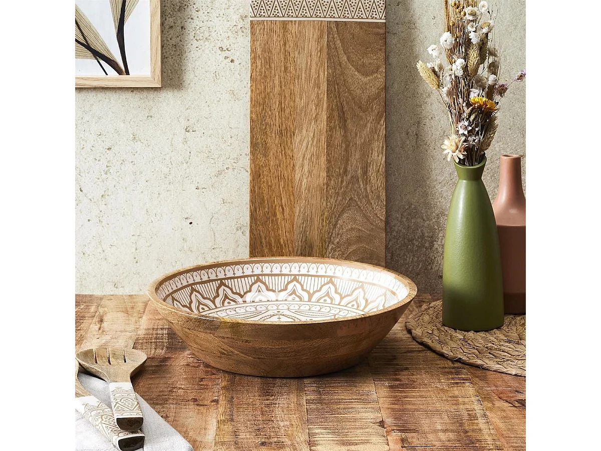 Saladier en bois de manguier avec motif mandala brun (Ø33cm) - MANGO