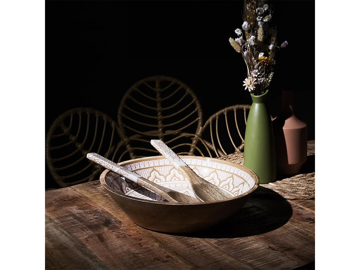 Saladier en bois de manguier avec motif mandala brun (Ø33cm) - MANGO