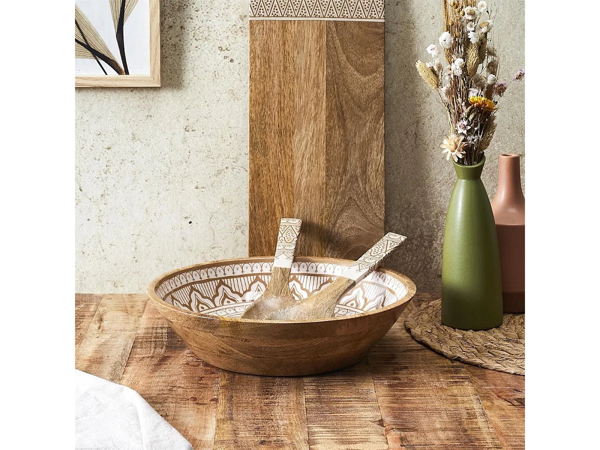 Saladier en bois de manguier avec motif mandala brun (Ø33cm) - MANGO