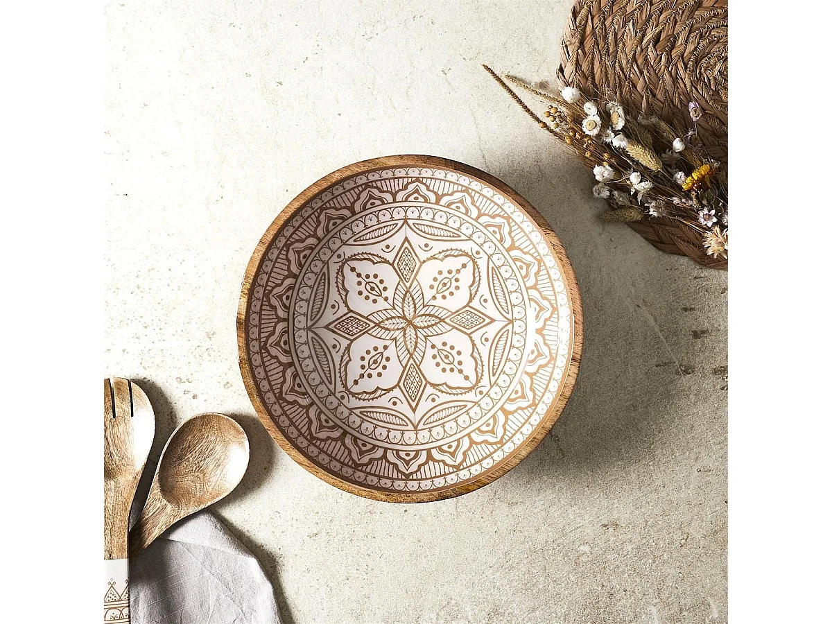 Saladier en bois de manguier avec motif mandala brun (Ø33cm) - MANGO