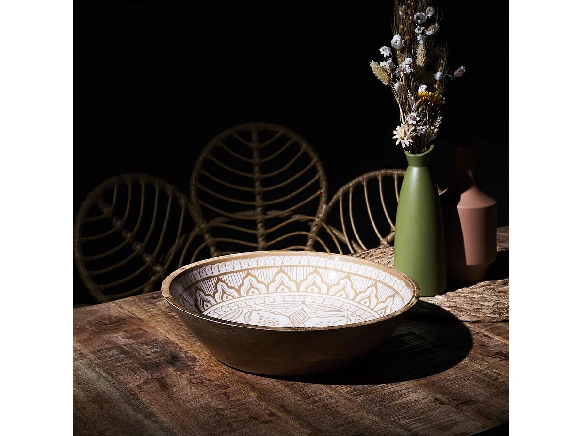 Saladier en bois de manguier avec motif mandala brun (Ø33cm) - MANGO