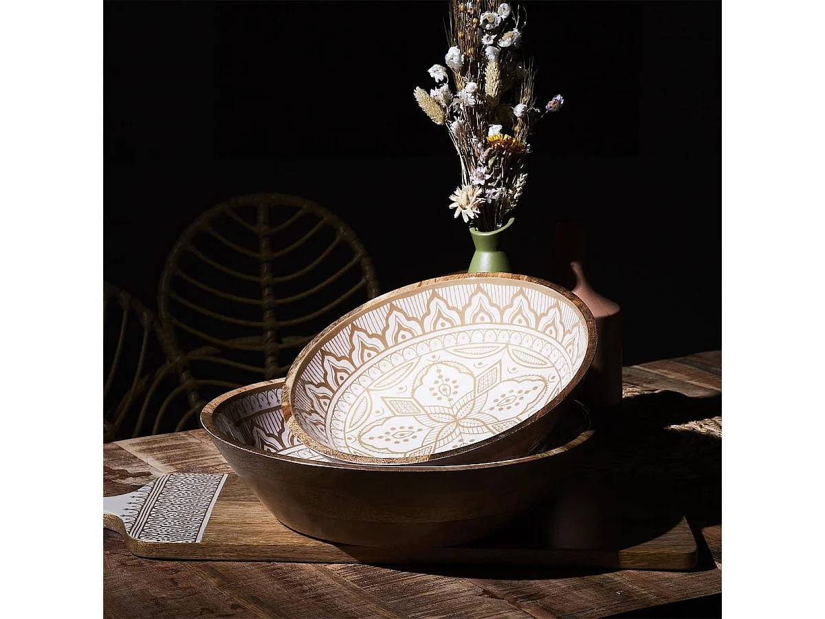 Saladier en bois de manguier avec motif mandala brun (Ø33cm) - MANGO
