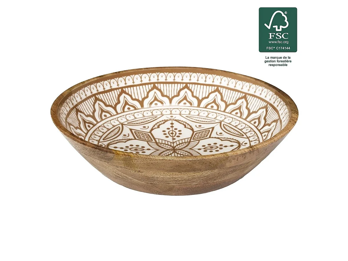 Saladier en bois de manguier avec motif mandala brun (Ø33cm) - MANGO