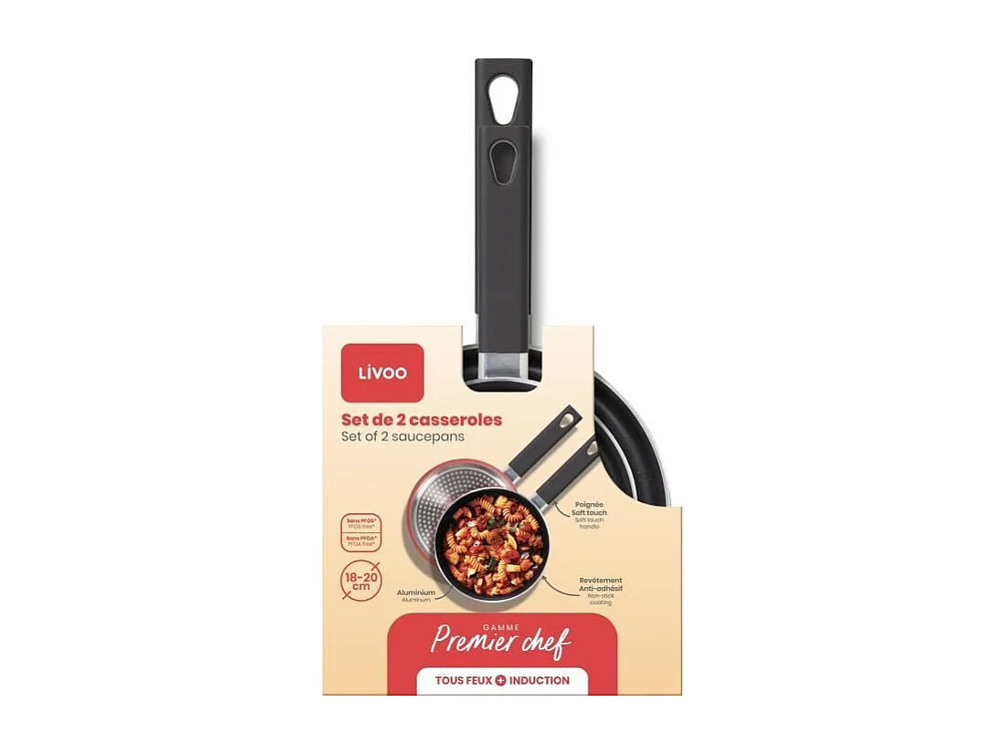 Set de 2 casseroles - LIVOO - MEP154R - Antiadhésif sans PFOA ni PFOS - Manche silicone - Tous feux dont induction