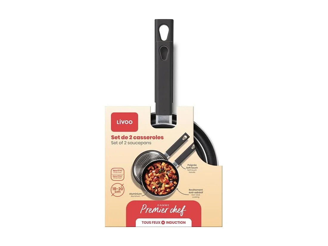 Set de 2 casseroles - LIVOO - MEP154N - Antiadhésif sans PFOA ni PFOS - Manche silicone - Tous feux dont induction