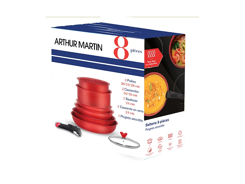 Batterie de cuisine - ARTHUR MARTIN - AMR88 - Batterie de cuisine 8 pieces - Tous feux dont induction