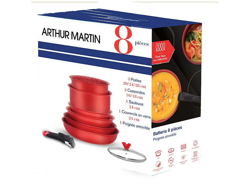 Batterie de cuisine - ARTHUR MARTIN - AMR88 - Batterie de cuisine 8 pieces - Tous feux dont induction