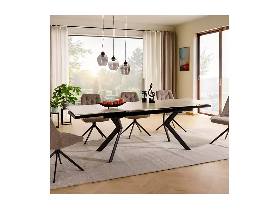 Table extensible de salle à manger 160 + 80cm céramique beige mat 4 pieds noir ALIDA