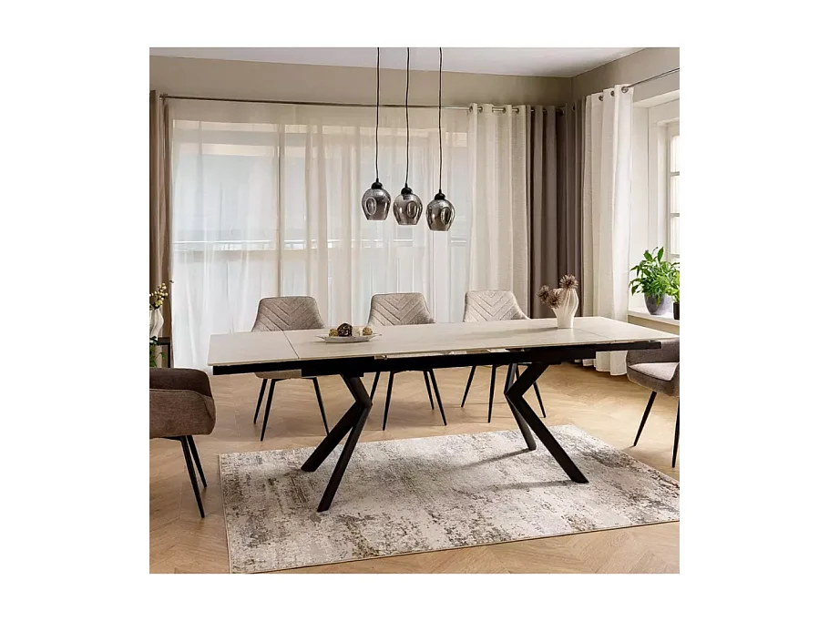 Table extensible de salle à manger 160 + 80cm céramique beige mat 4 pieds noir ALIDA