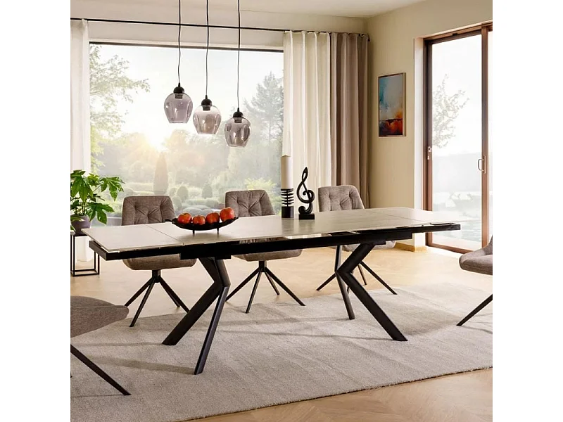 Table extensible de salle à manger 160 + 80cm céramique beige mat 4 pieds noir ALIDA