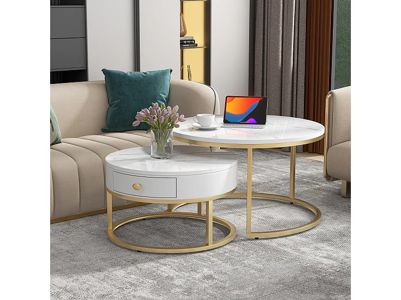 Set van 2 in elkaar passende salontafels met glanzende marmeren afwerking rond design wit voor de woonkamer