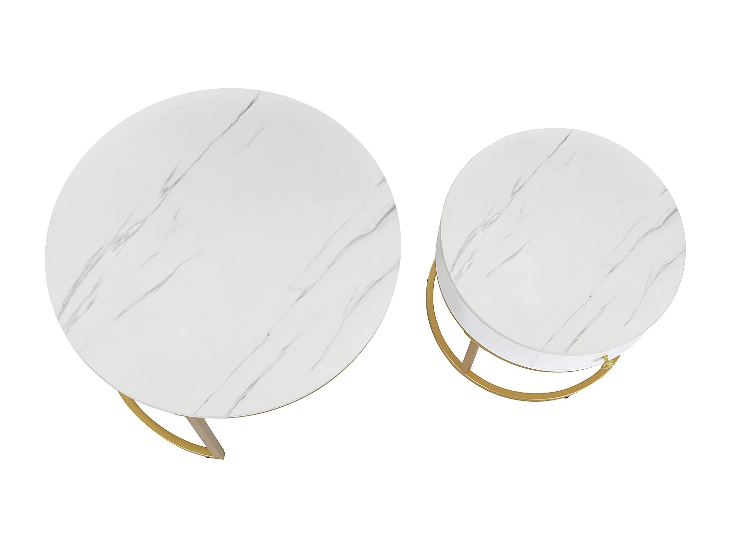 Lot de 2 tables basses emboîtables brillant finition marbre design rond Blanc pour salon