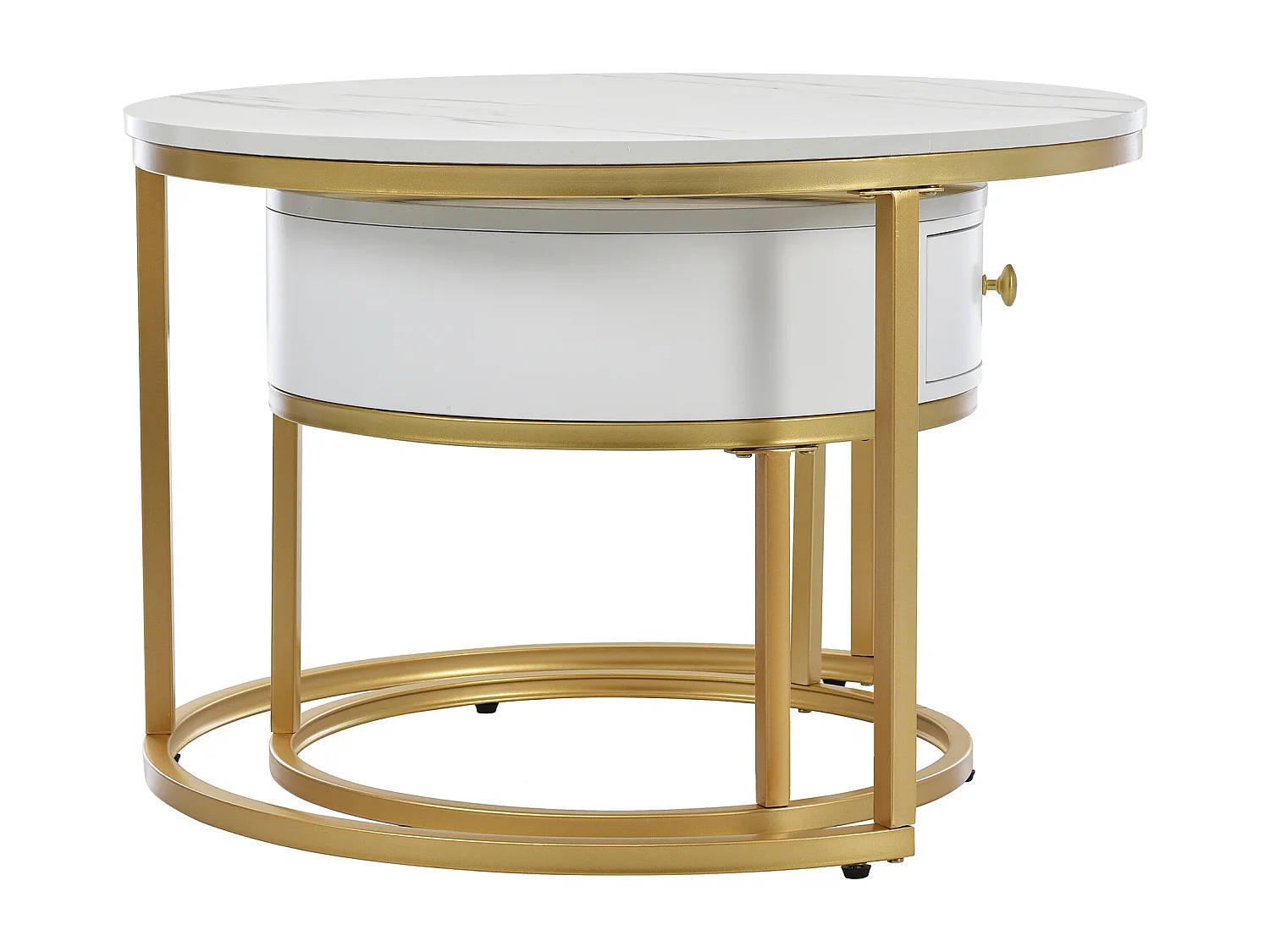 Lot de 2 tables basses emboîtables brillant finition marbre design rond Blanc pour salon
