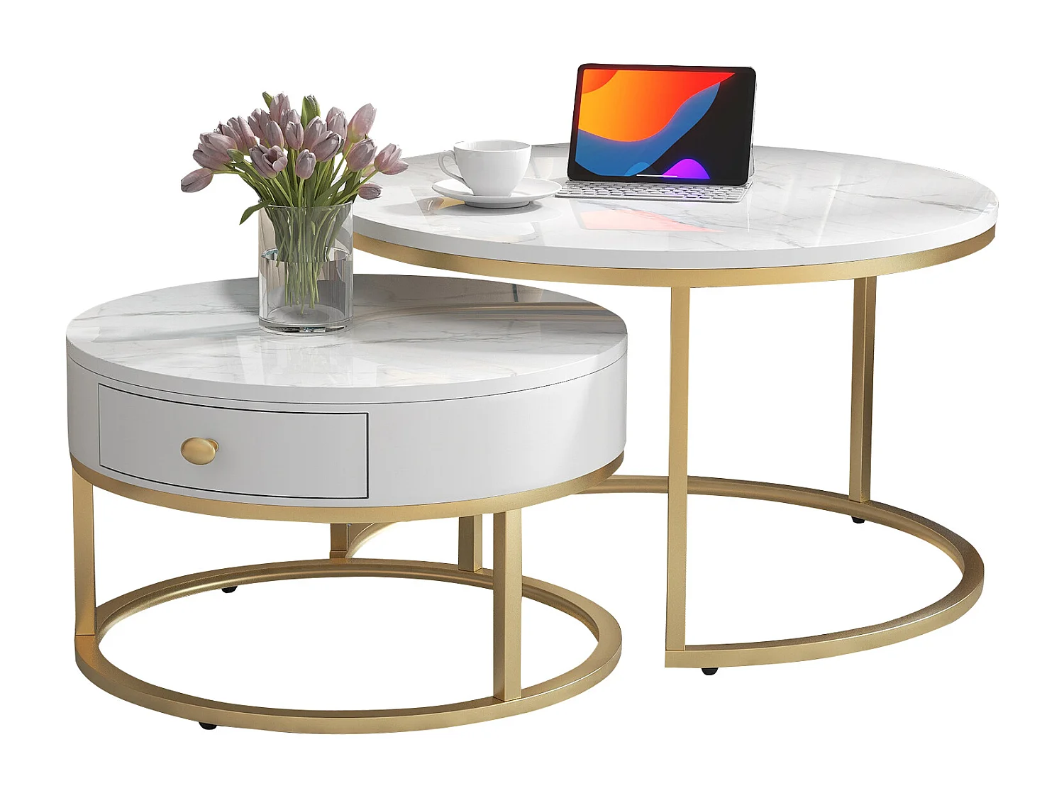 Lot de 2 tables basses emboîtables brillant finition marbre design rond Blanc pour salon