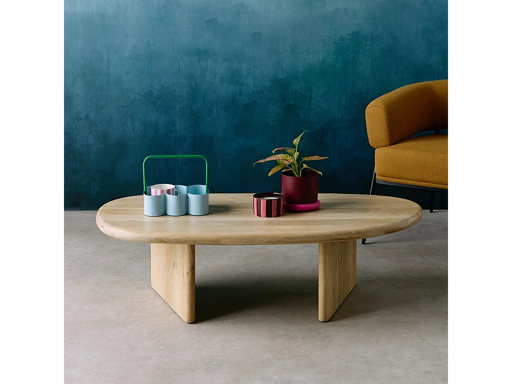 Mesa de centro ovalada de madera de mango maciza natural