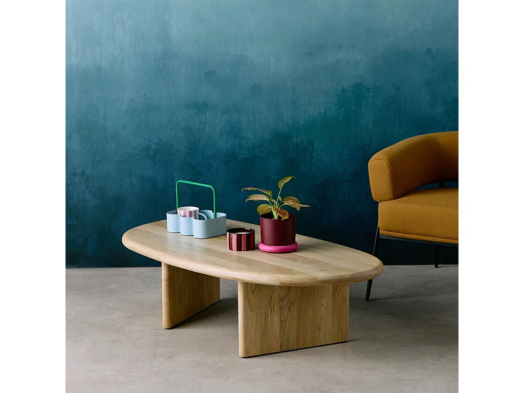 Mesa de centro ovalada de madera de mango maciza natural