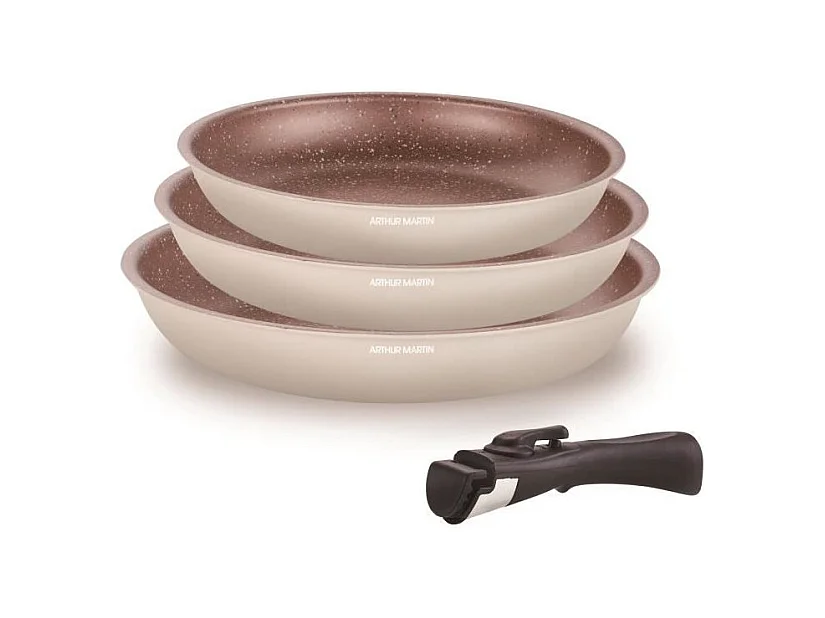 Batterie de cuisine - Tous feux dont induction - ARTHUR MARTIN - AM4754 - Set de 3 poeles - 20-24-28 cm + 1 poignée amovible