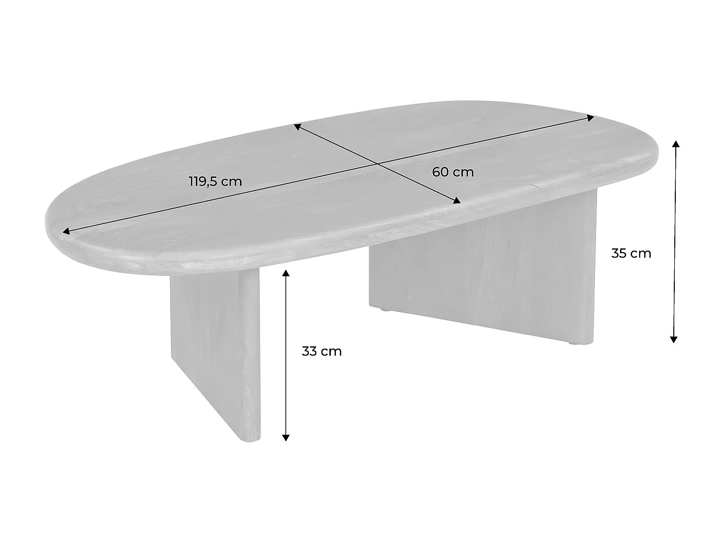 Table basse ovale bois de manguier noyer. L 119.5 x P 60 x H 35cm