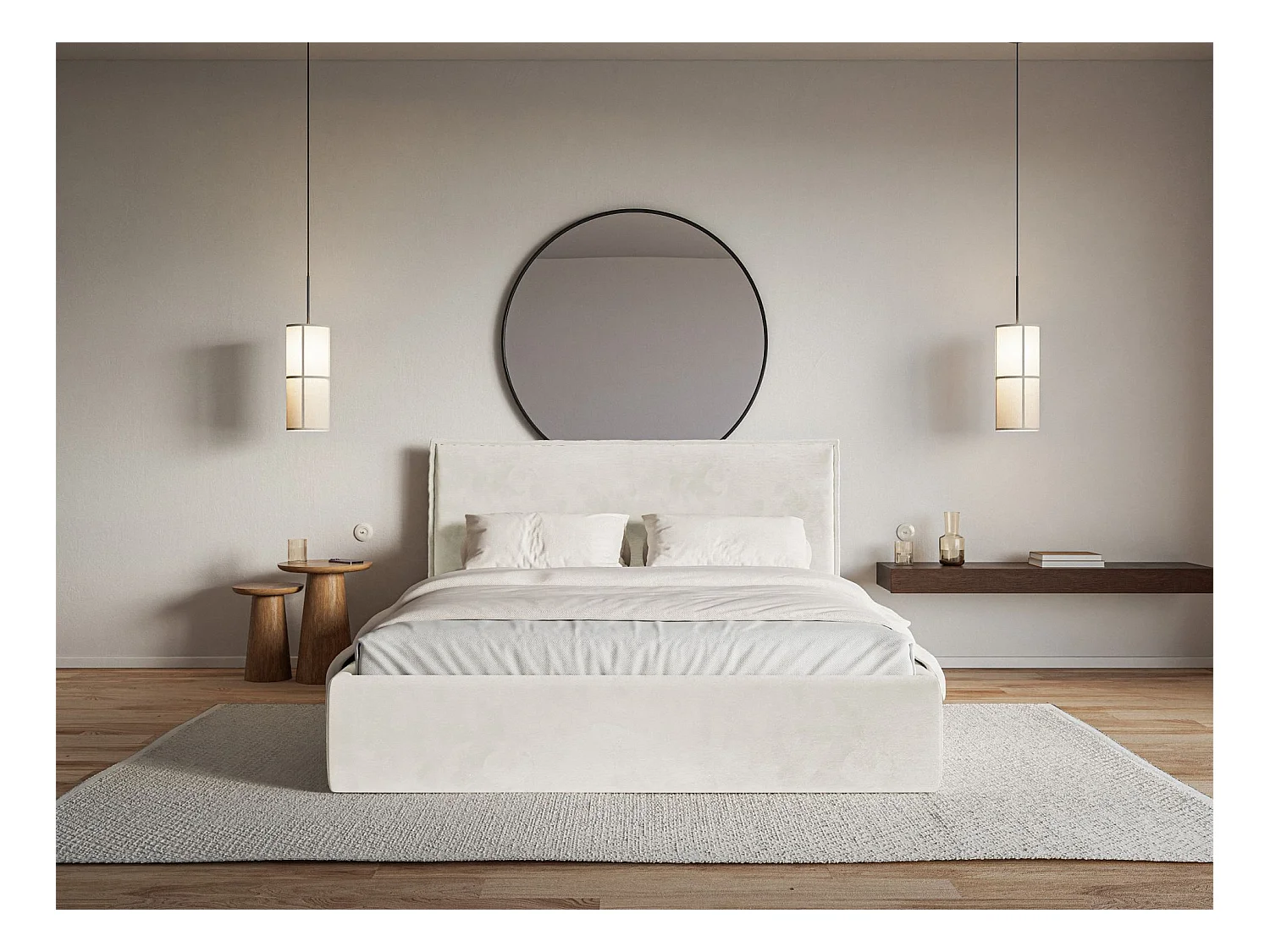 Lit tapissé 160×200 avec coffre et sommier - velours - grège - SOFTIE SLIM