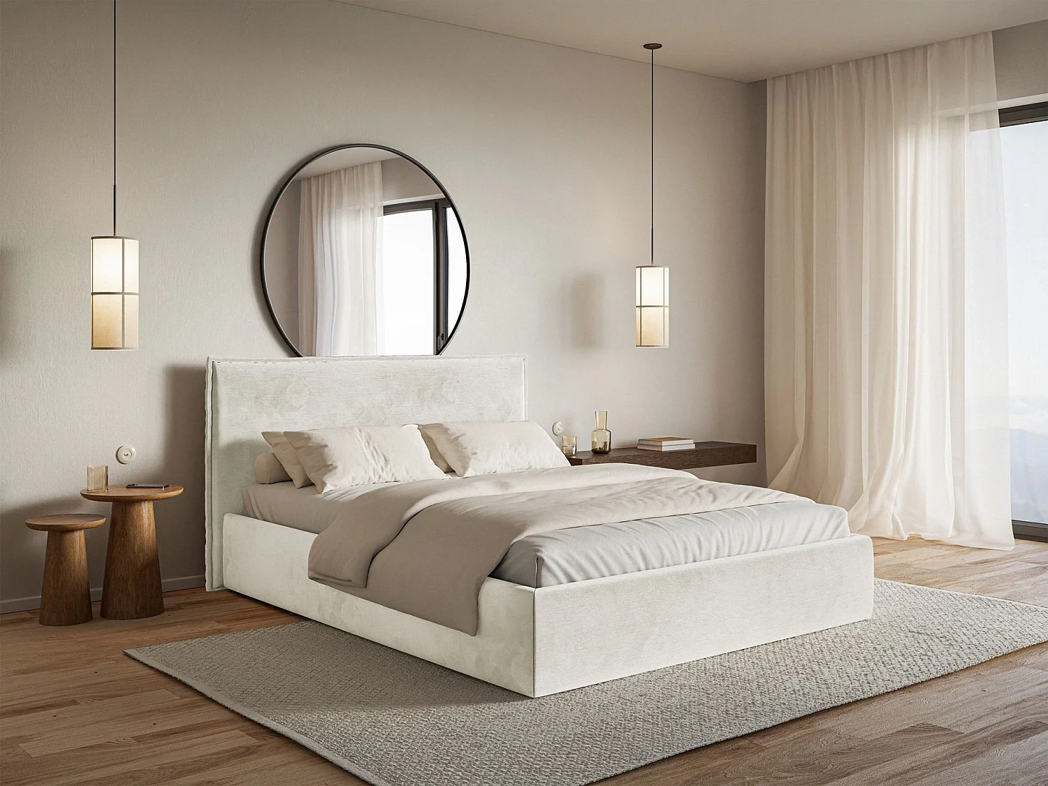 Lit tapissé 140×200- velours - grège - SOFTIE SLIM