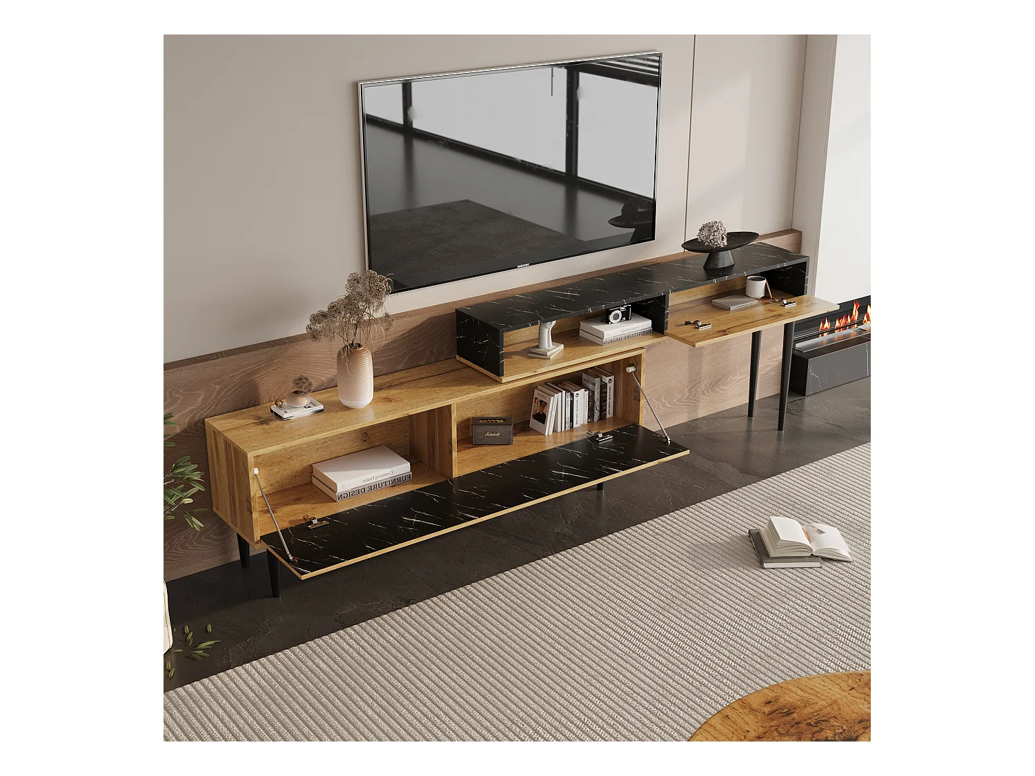 Meuble TV en bois et noir - Meuble TV avec 2 portes abattantes et pieds en fer - rangement ouvert