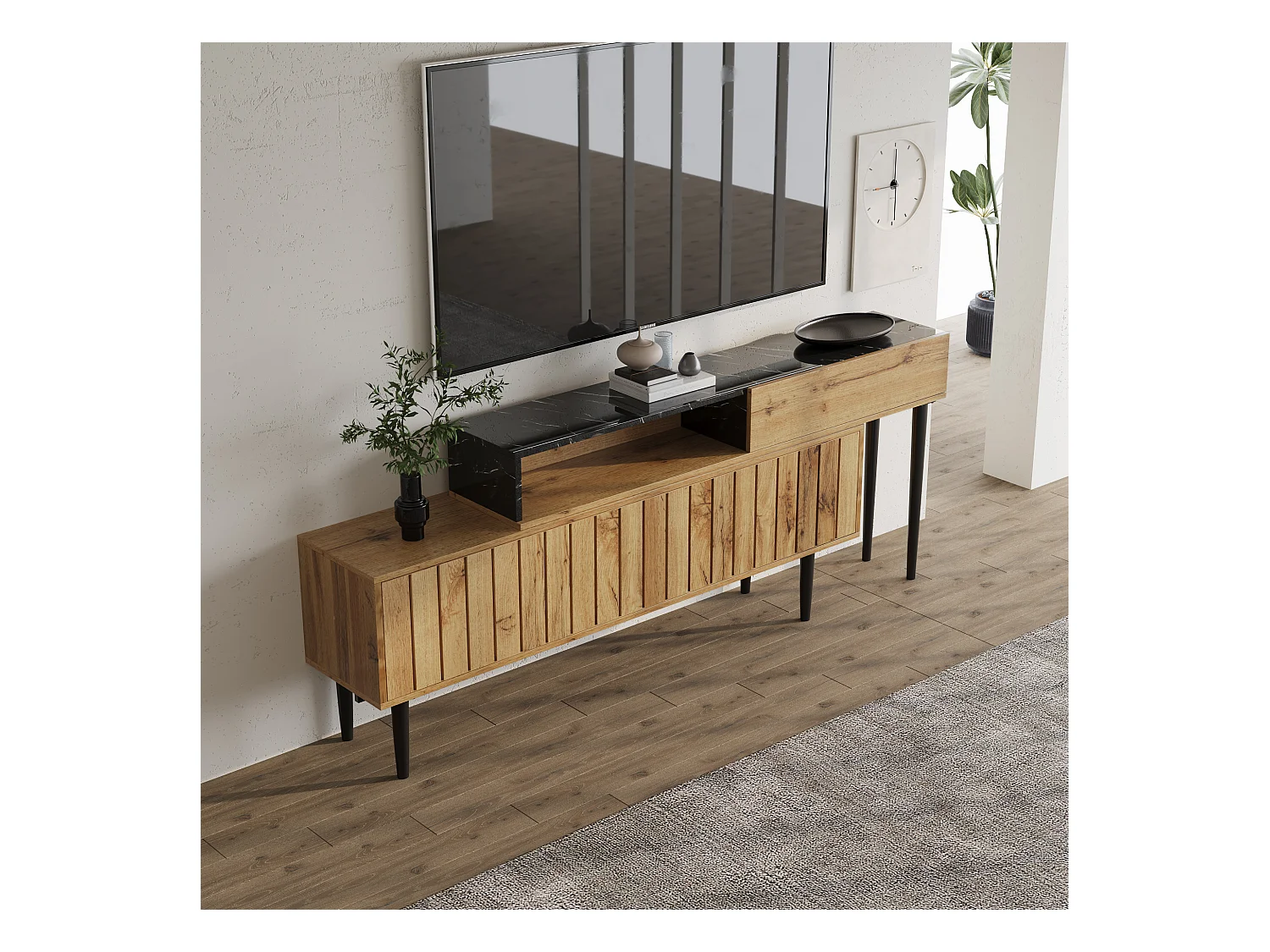 Meuble TV en bois et noir - Meuble TV avec 2 portes abattantes et pieds en fer - rangement ouvert