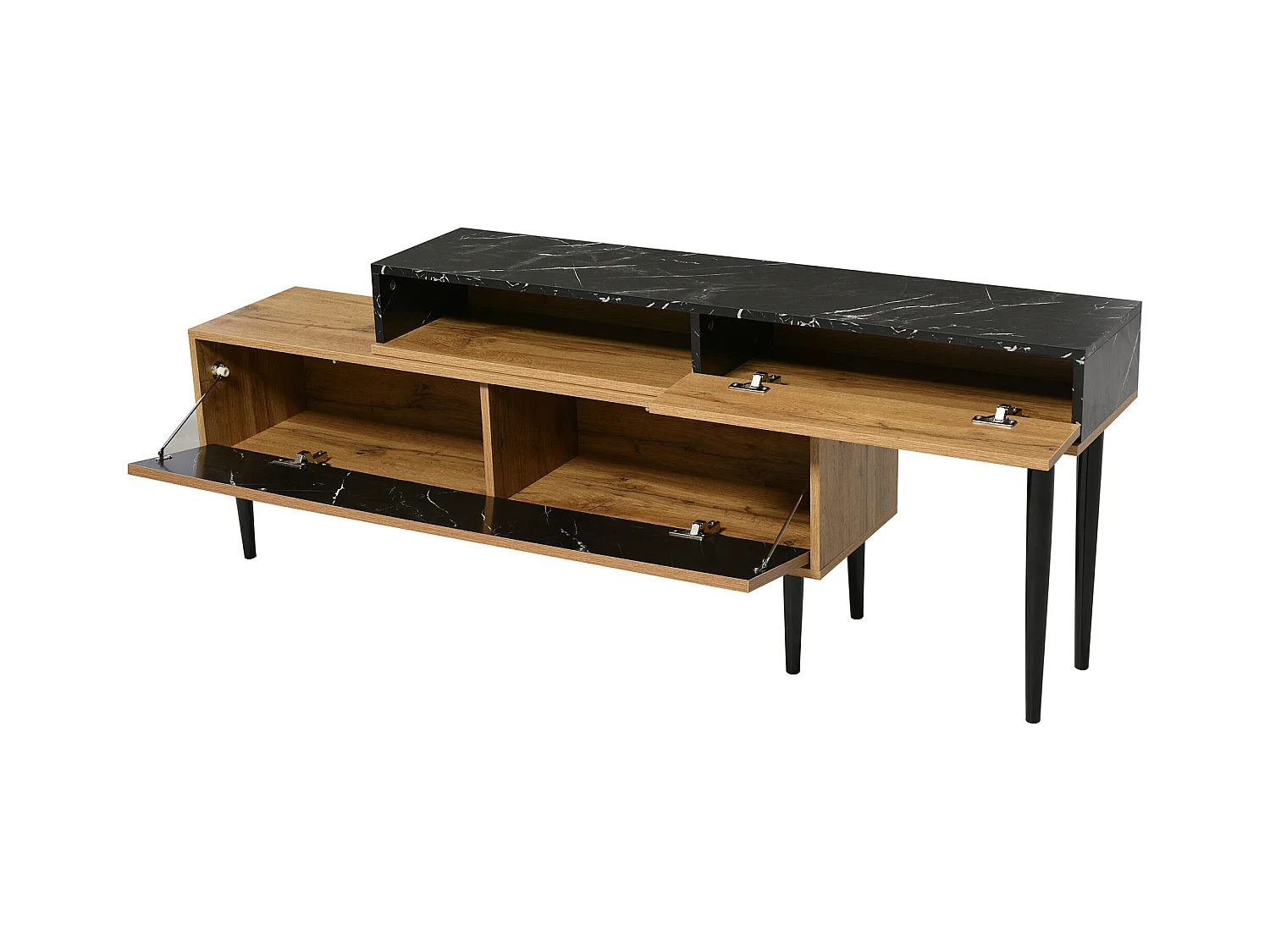 Meuble TV en bois et noir - Meuble TV avec 2 portes abattantes et pieds en fer - rangement ouvert