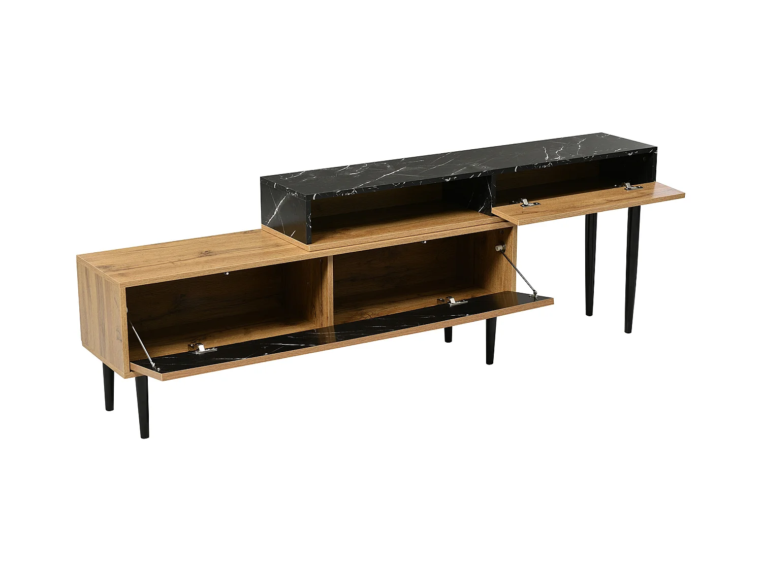 Meuble TV en bois et noir - Meuble TV avec 2 portes abattantes et pieds en fer - rangement ouvert