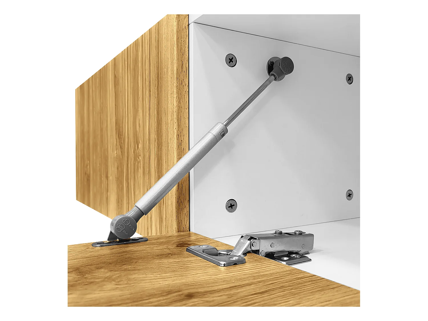 Meuble TV en bois et blanc - Meuble TV avec 2 portes abattantes et pieds en métal - rangement ouvert