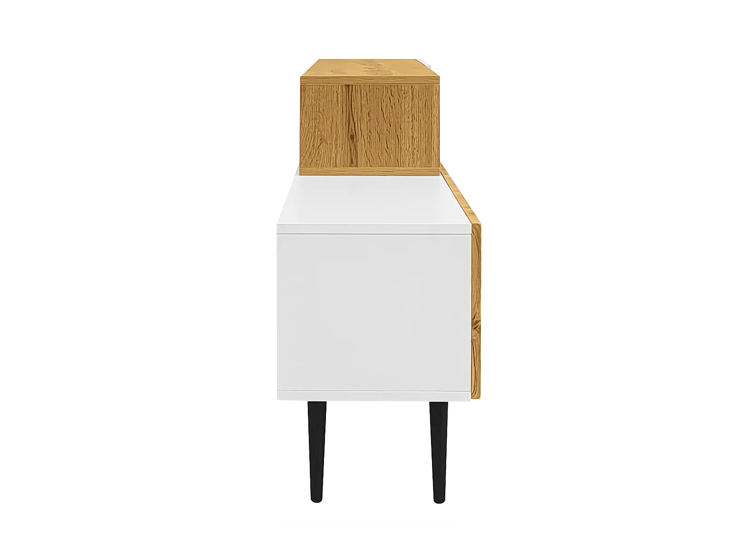 Meuble TV en bois et blanc - Meuble TV avec 2 portes abattantes et pieds en métal - rangement ouvert