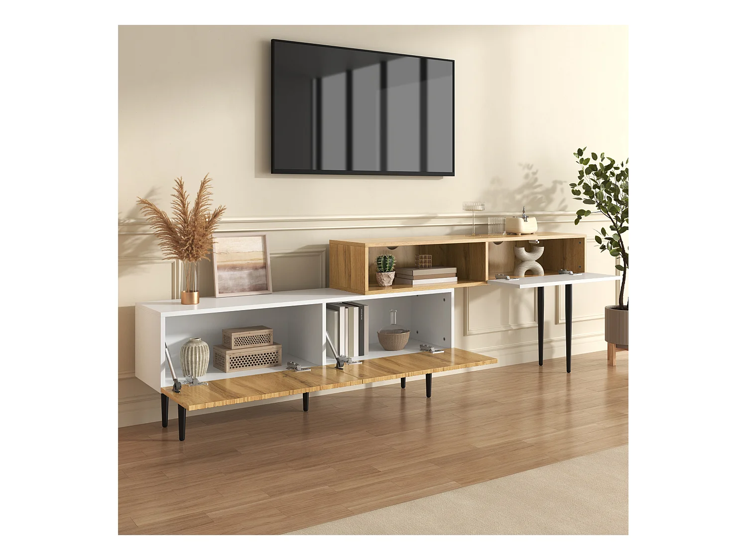 Meuble TV en bois et blanc - Meuble TV avec 2 portes abattantes et pieds en métal - rangement ouvert
