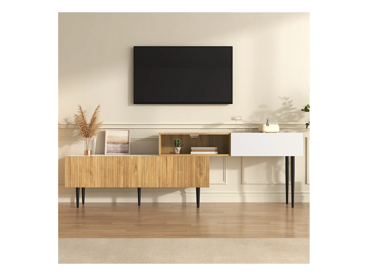 Meuble TV en bois et blanc - Meuble TV avec 2 portes abattantes et pieds en métal - rangement ouvert