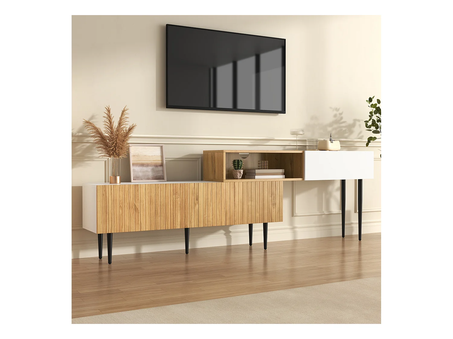 Meuble TV en bois et blanc - Meuble TV avec 2 portes abattantes et pieds en métal - rangement ouvert