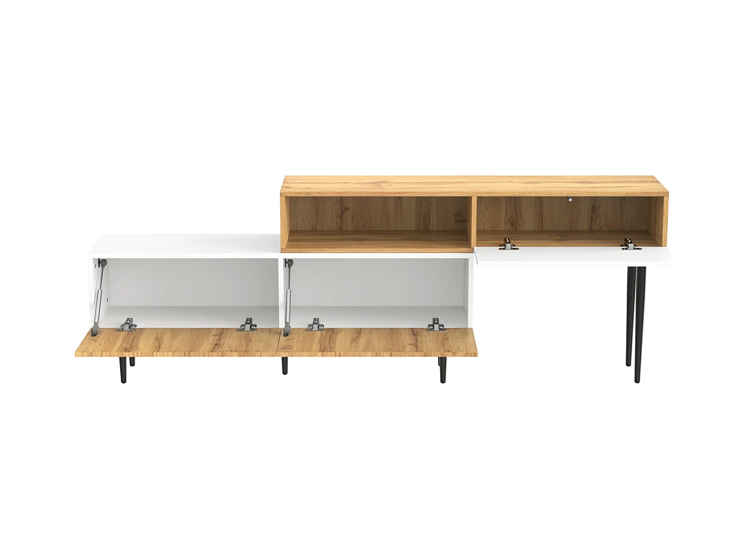 Meuble TV en bois et blanc - Meuble TV avec 2 portes abattantes et pieds en métal - rangement ouvert