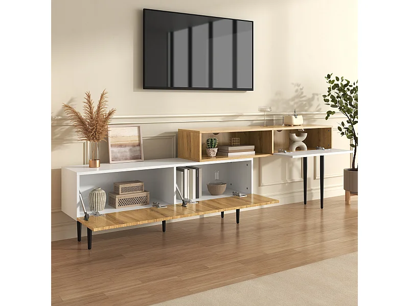 Mueble de TV de madera y blanco - Mueble de TV con 2 puertas abatibles y patas de metal - almacenaje abierto