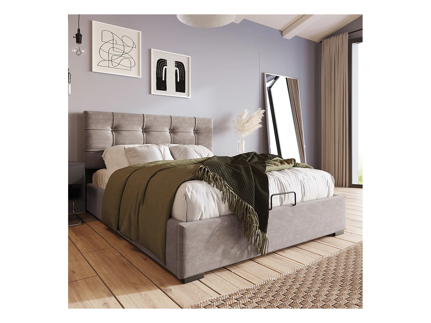 URBAN MEUBLE Lit coffre double tête de lit réglable, velours gris avec espace de rangement