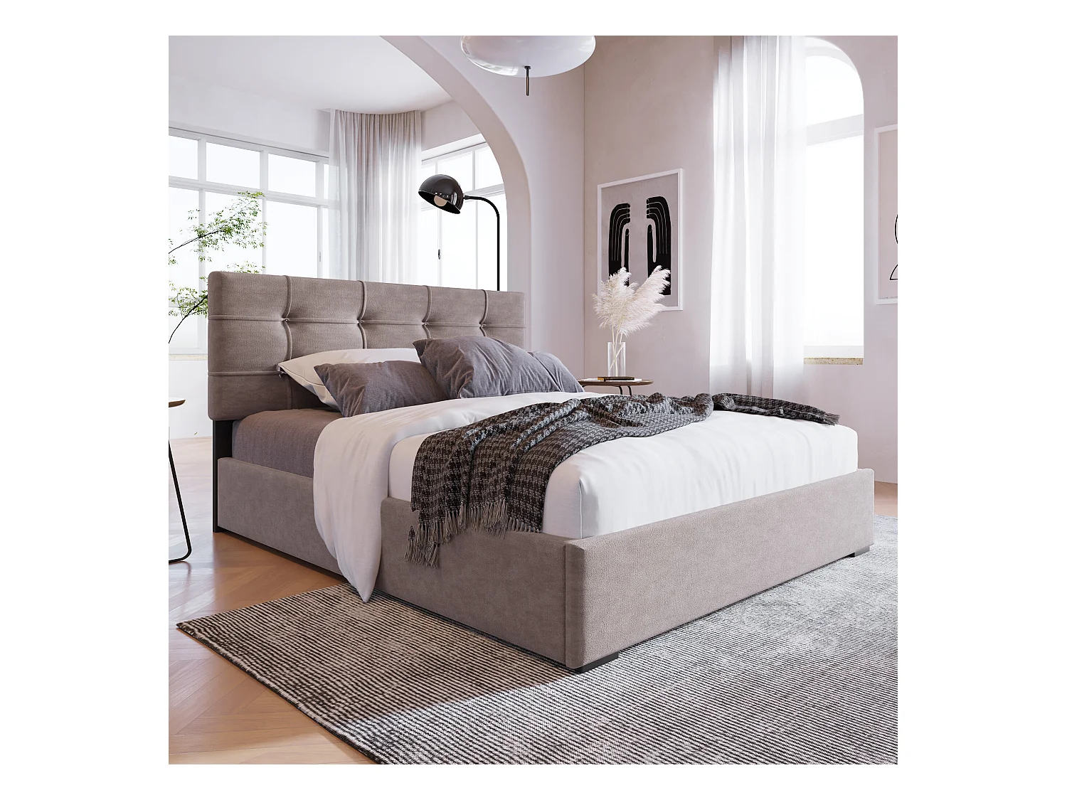 URBAN MEUBLE Lit coffre double tête de lit réglable, velours gris avec espace de rangement