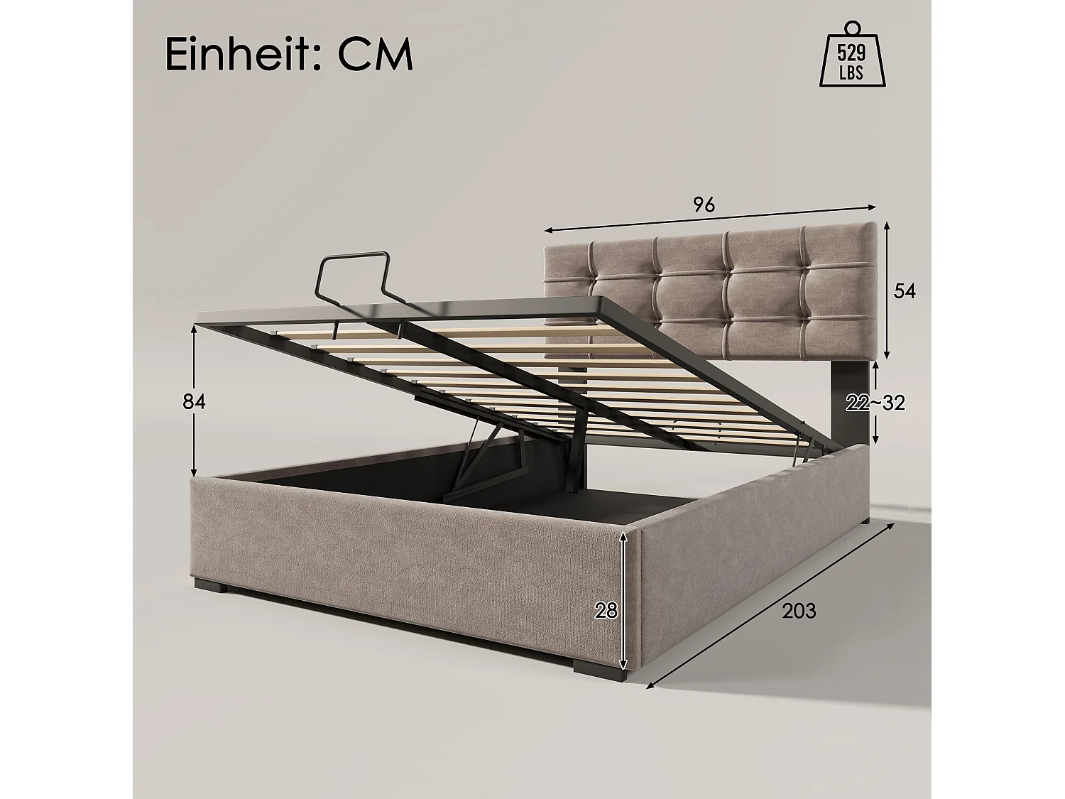 URBAN MEUBLE Lit coffre double tête de lit réglable, velours gris avec espace de rangement