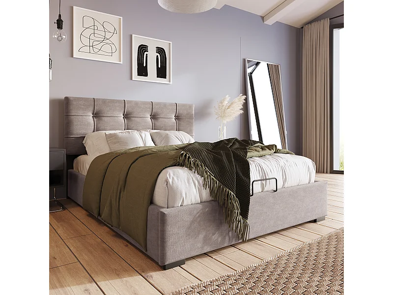 URBAN MEUBLE Lit coffre double tête de lit réglable, velours gris avec espace de rangement