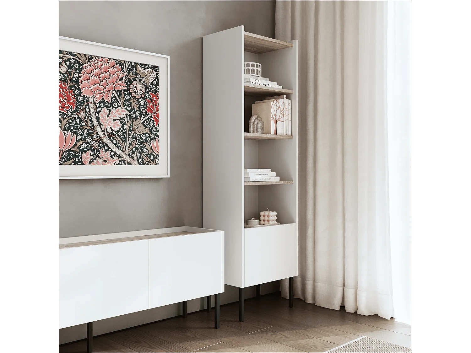 Étagère 50 x 35 x 173 cm - Étagère sur pied avec compartiments ouverts et portes - Bibliothèque - Pieds en métal - Plaque Egger - Salon ou bureau - Mat