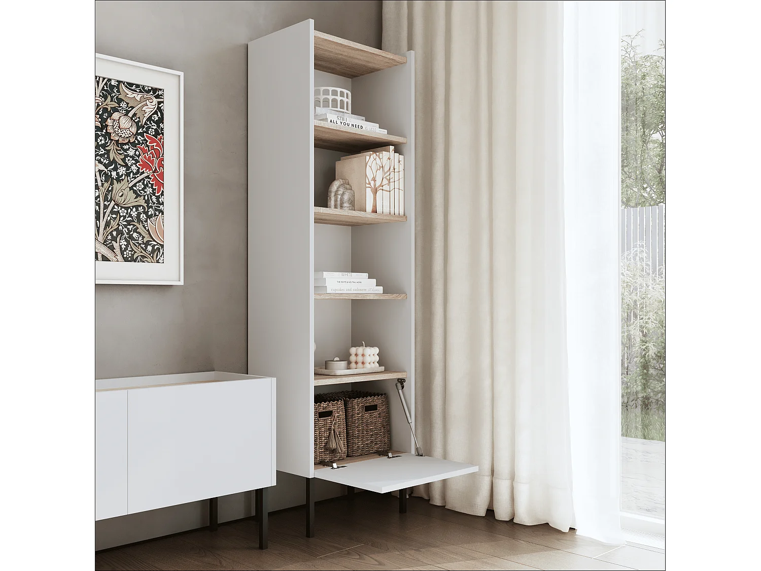 Étagère 50 x 35 x 173 cm - Étagère sur pied avec compartiments ouverts et portes - Bibliothèque - Pieds en métal - Plaque Egger - Salon ou bureau - Mat