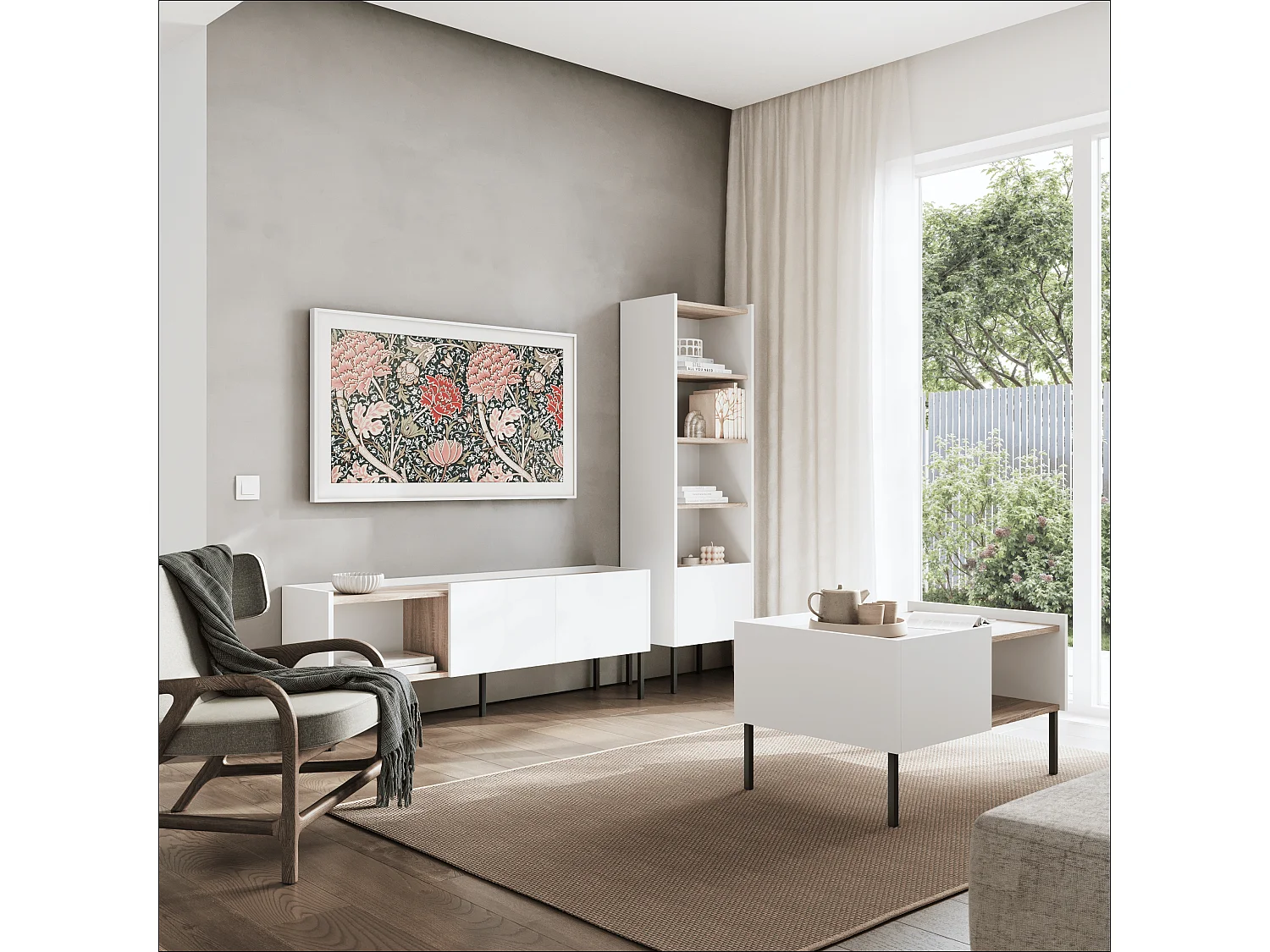 Étagère 50 x 35 x 173 cm - Étagère sur pied avec compartiments ouverts et portes - Bibliothèque - Pieds en métal - Plaque Egger - Salon ou bureau - Mat