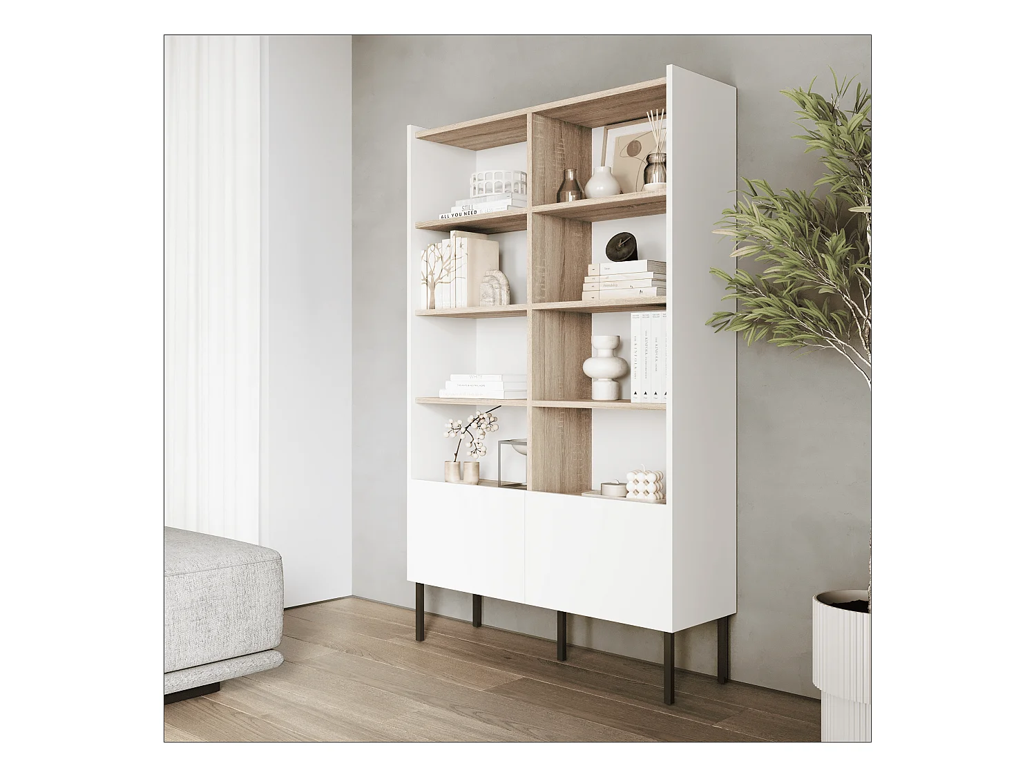 Regal 100 x 35 x 173 cm - Standregal mit offenen Fächern und Türen - Bücherregal - Metallfüße - Egger Platte - Wohnzimmer oder Büro - Matt