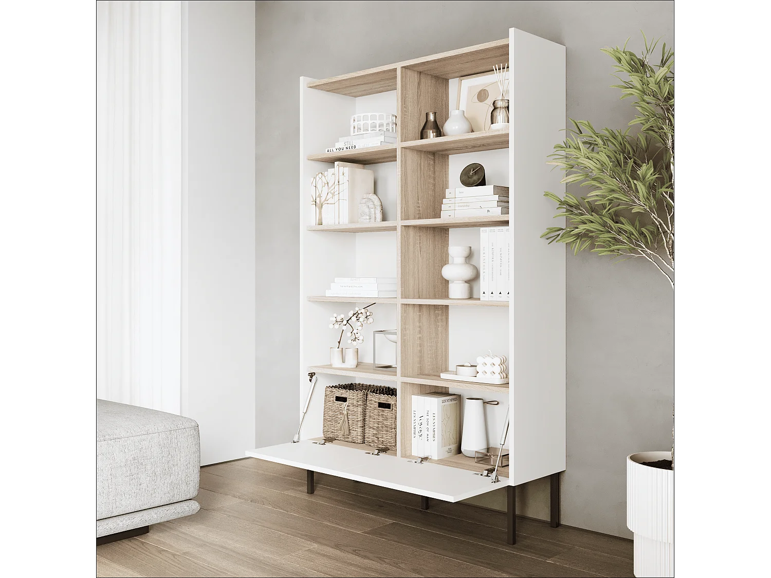 Étagère 100 x 35 x 173 cm - Étagère sur pied avec compartiments ouverts et portes - Bibliothèque avec pieds en métal - Plaque Egger - Pour salon, bureau - Mat