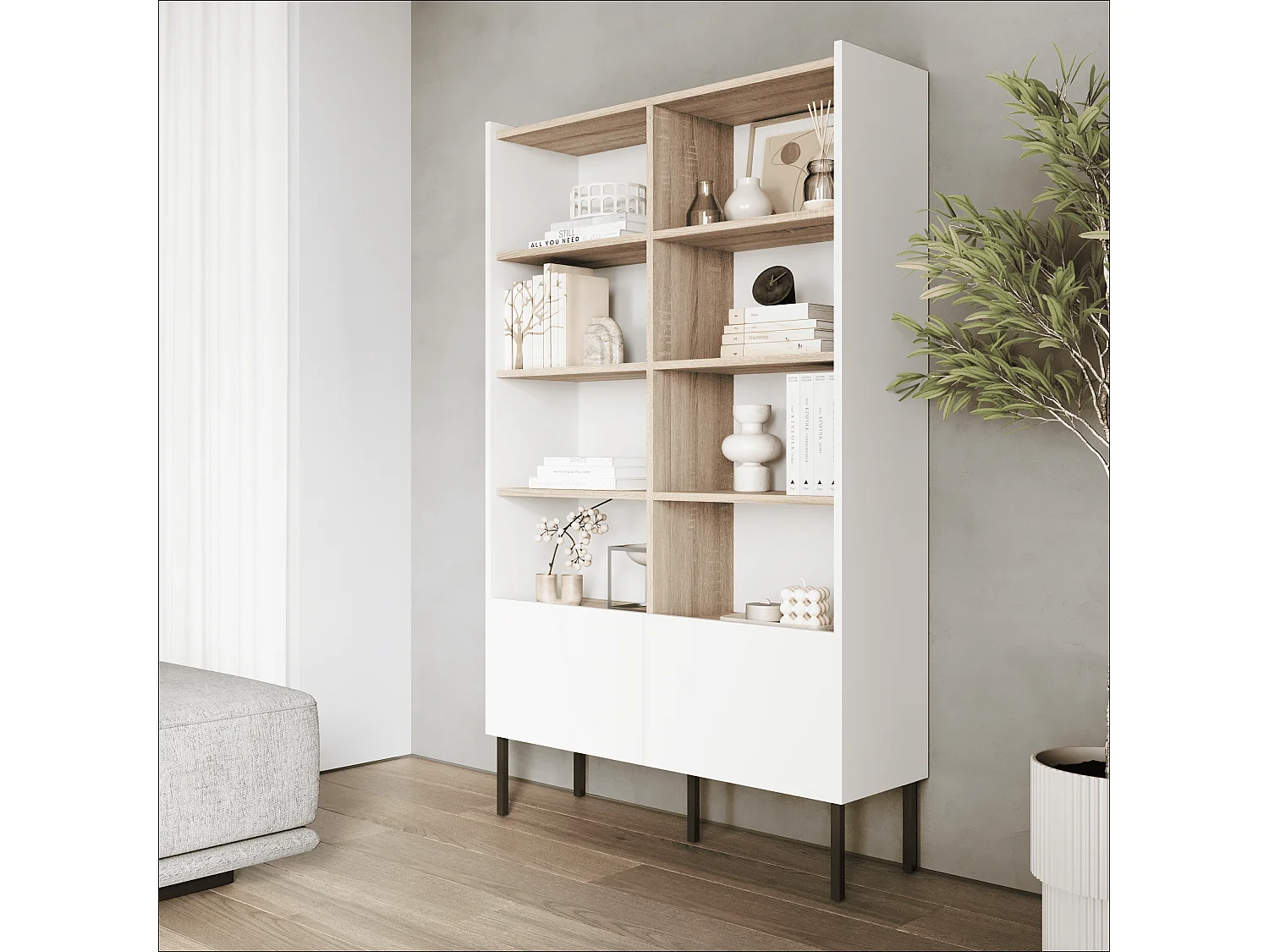 Regał 100 x 35 x 173 cm - Regał stojący z otwartymi półkami i drzwiami - Biblioteczka - Metalowe nogi - Płyta Egger - Salon lub biuro - Mat