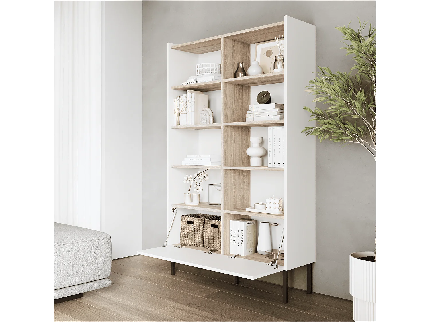 Regał 100 x 35 x 173 cm - Regał stojący z otwartymi półkami i drzwiami - Biblioteczka - Metalowe nogi - Płyta Egger - Salon lub biuro - Mat